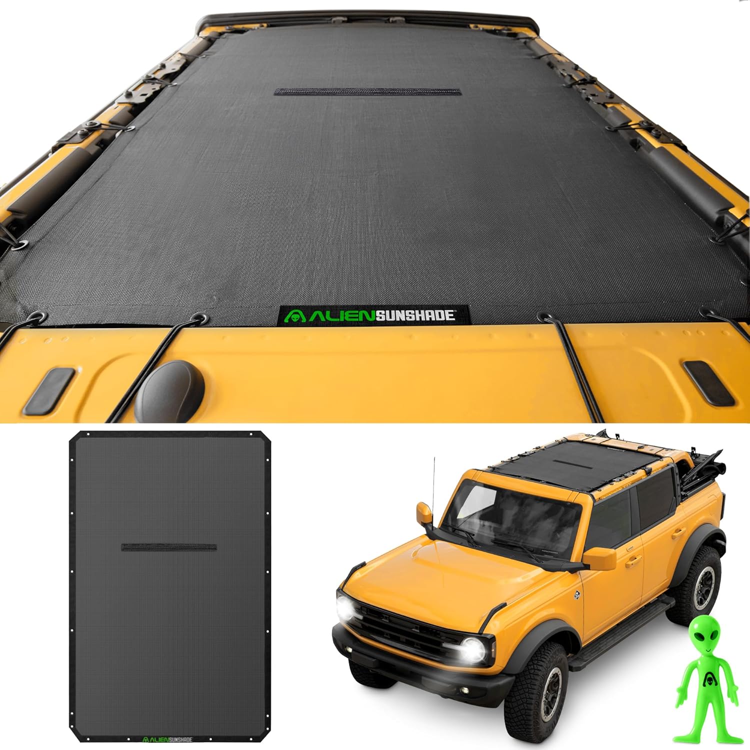 Alien Sunshade for Ford Bronco Sun Shade Black (2021-2025) - Full Length for Bronco Sunshade Bimini Top Accessories 4 Door Premium Mesh Bikini Roof Top Shade Screen Blocks UV, Wind & Noise
