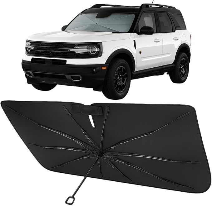 Proadsy Windshield Sun Shade Umbrella for Ford Bronco Sport 2021-2025 2026 Foldable Car Umbrella Sunshade with Soft TPU Handle Spring Structure Crystal Cooling Material Protect Car from Rays & Heat
